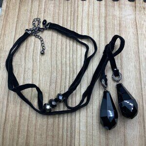 Chico's Black Velvet Double Teardrop Tassel Silver Tone Necklace